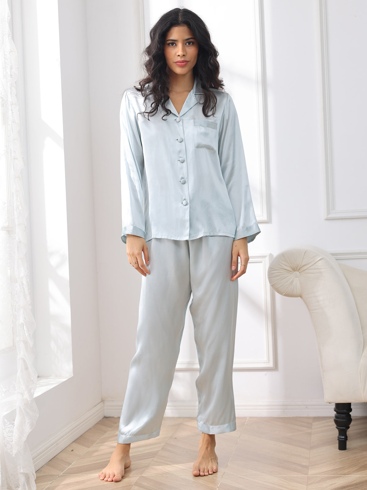 Pijama de seda pura con botones para mujer