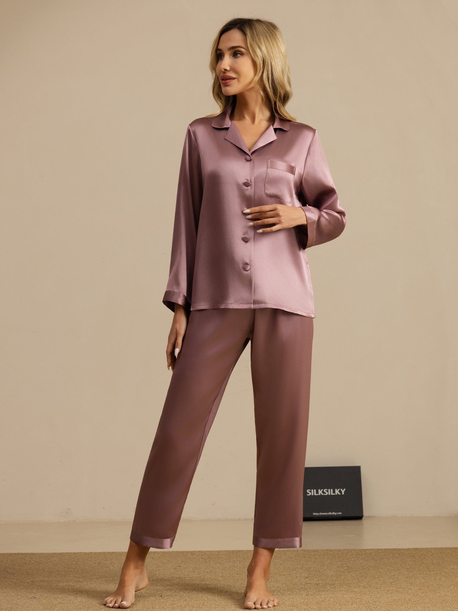 Pijama de seda pura con botones para mujer