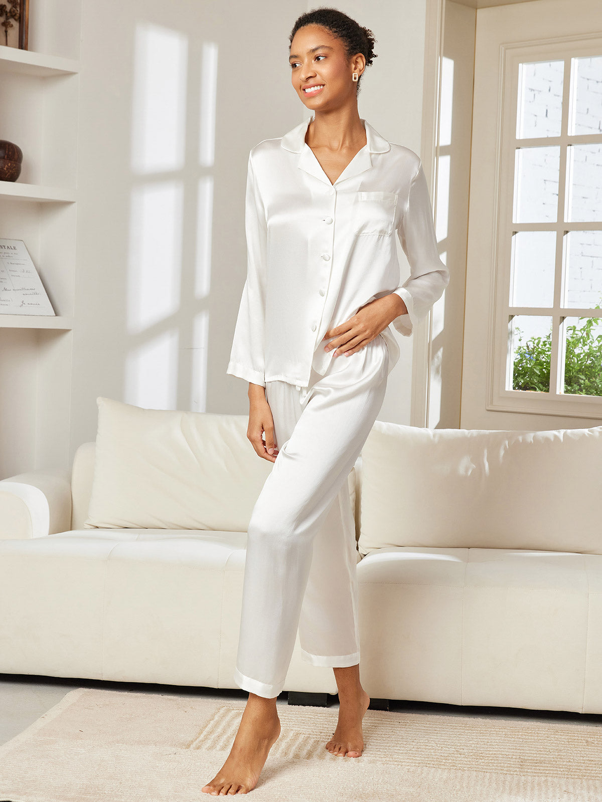 Pijama de seda pura con botones para mujer