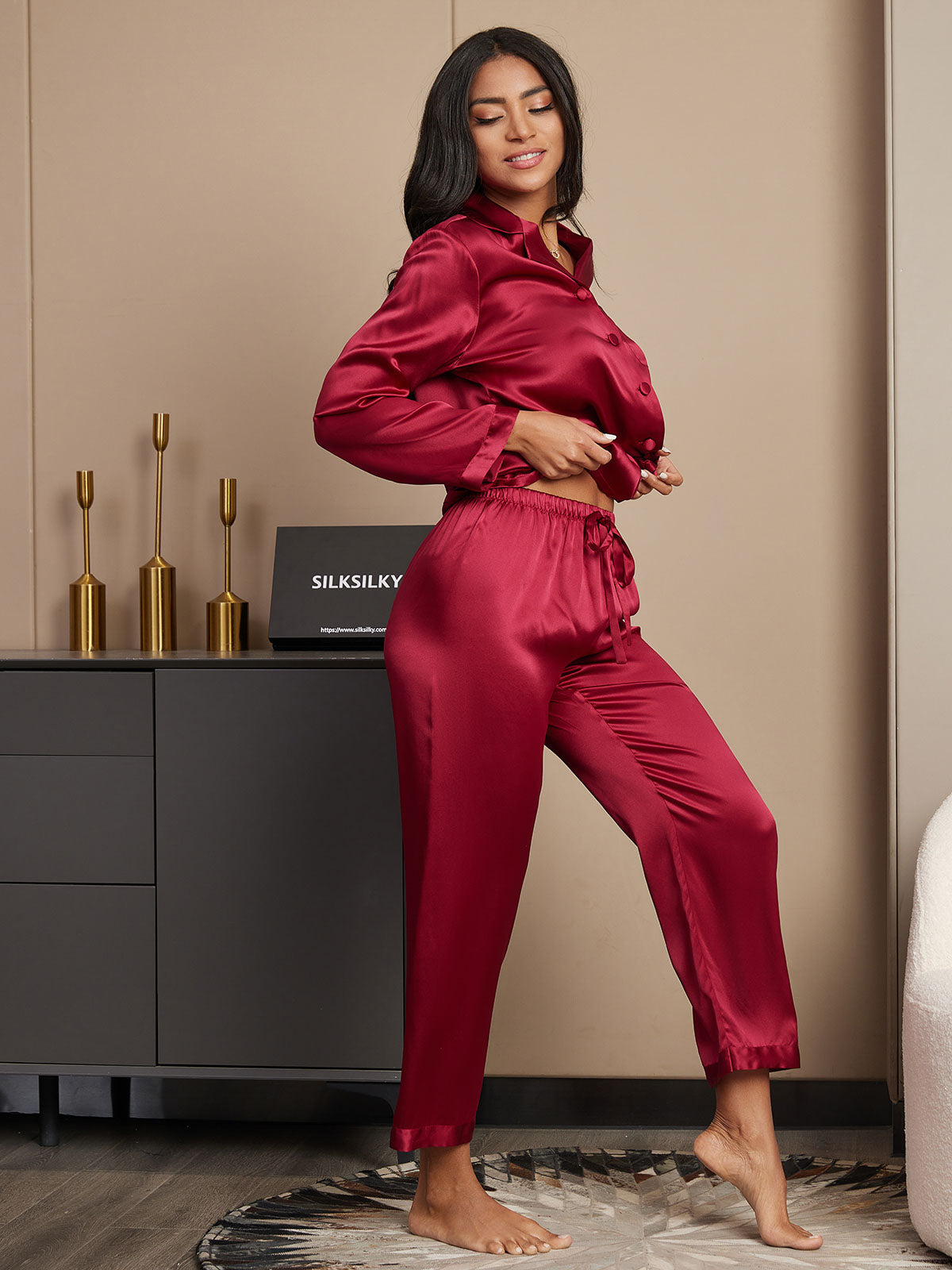 Pijama de seda pura con botones para mujer