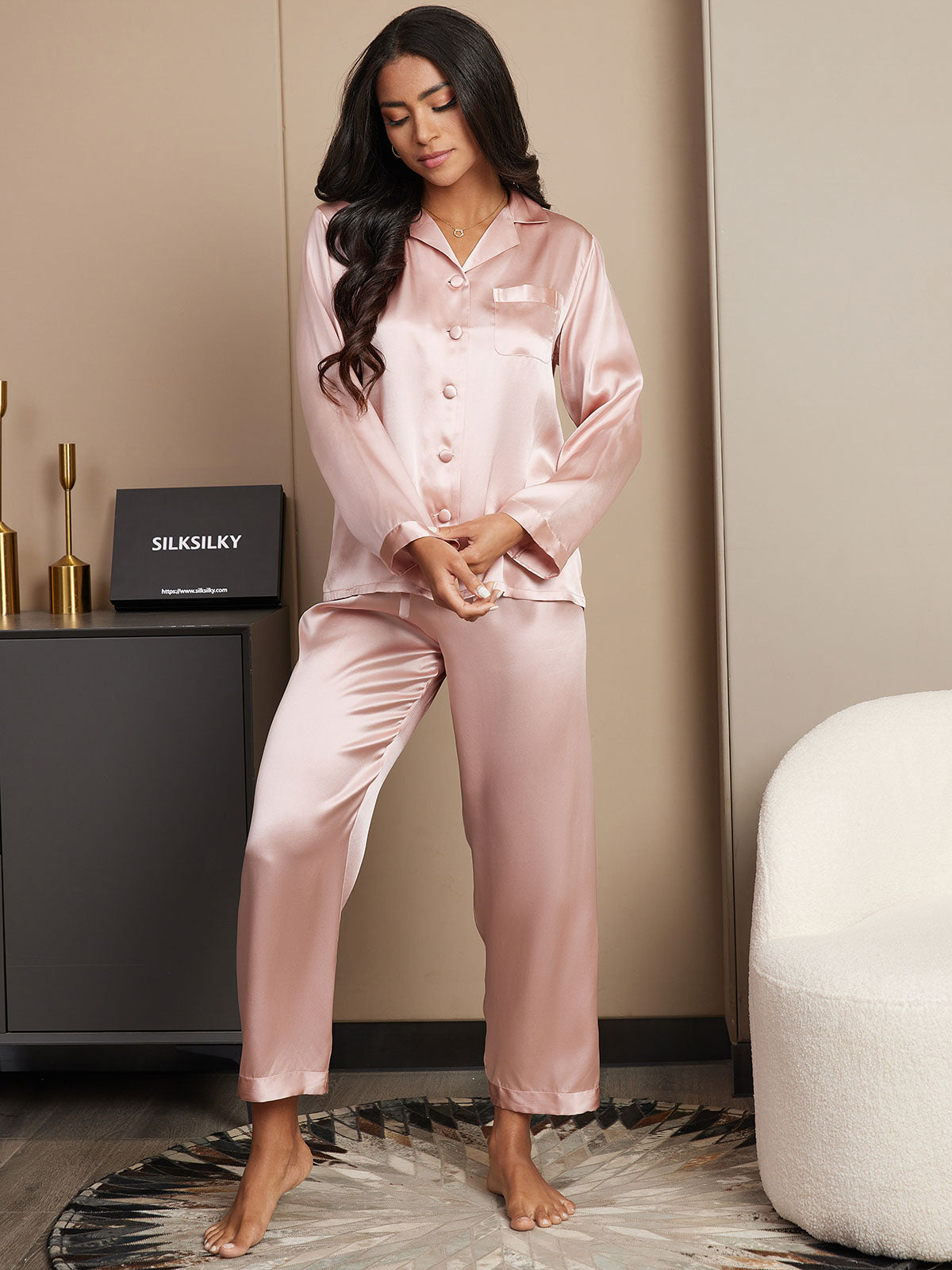 Pijama de seda pura con botones para mujer