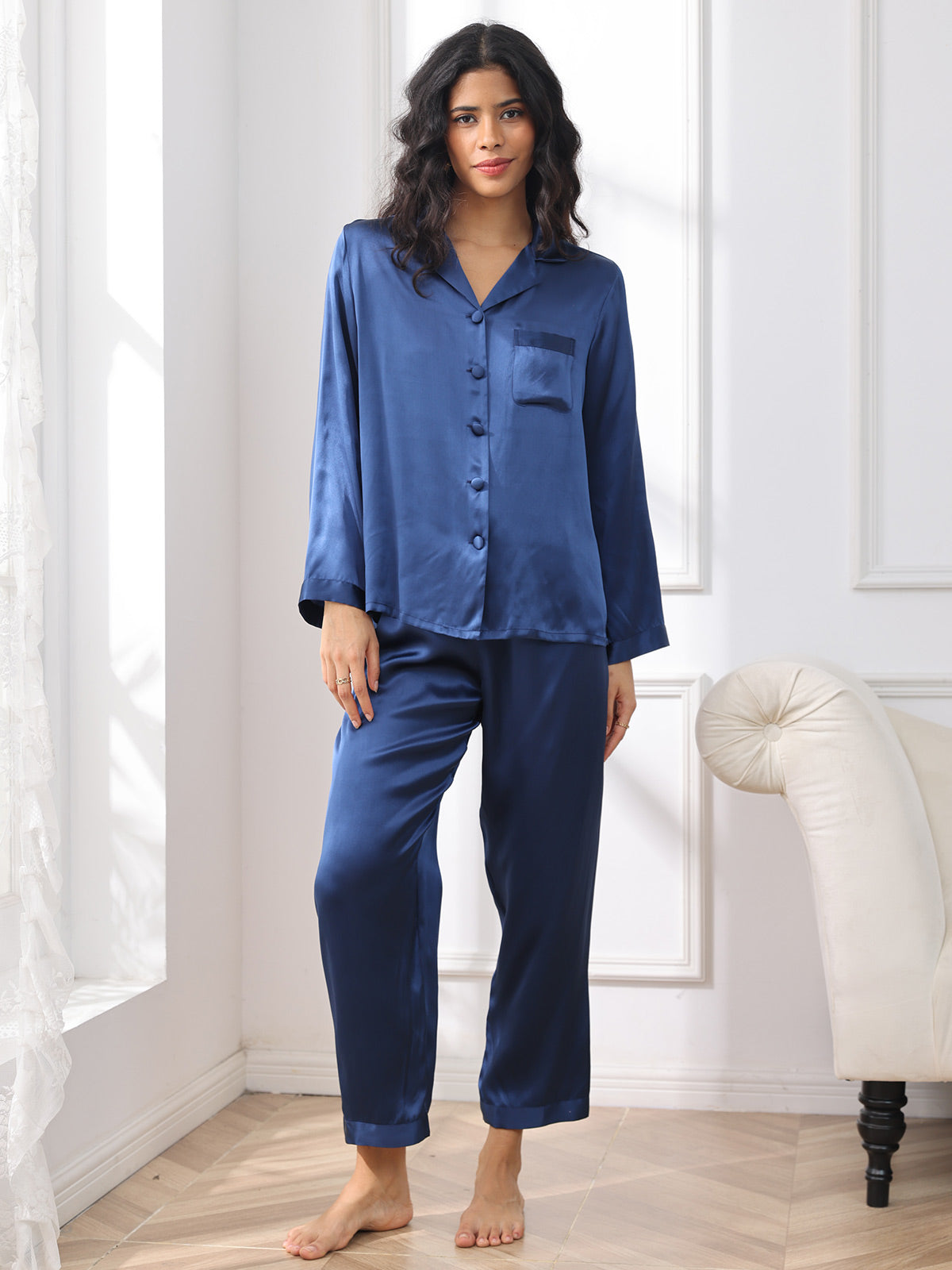 Pijama de seda pura con botones para mujer