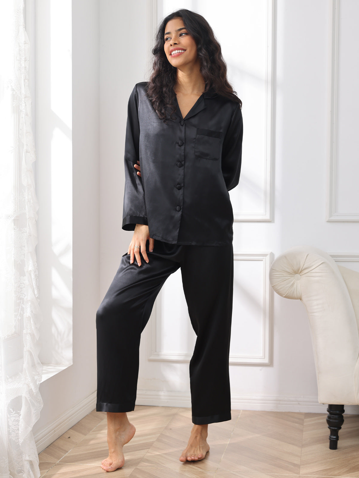 Pijama de seda pura con botones para mujer