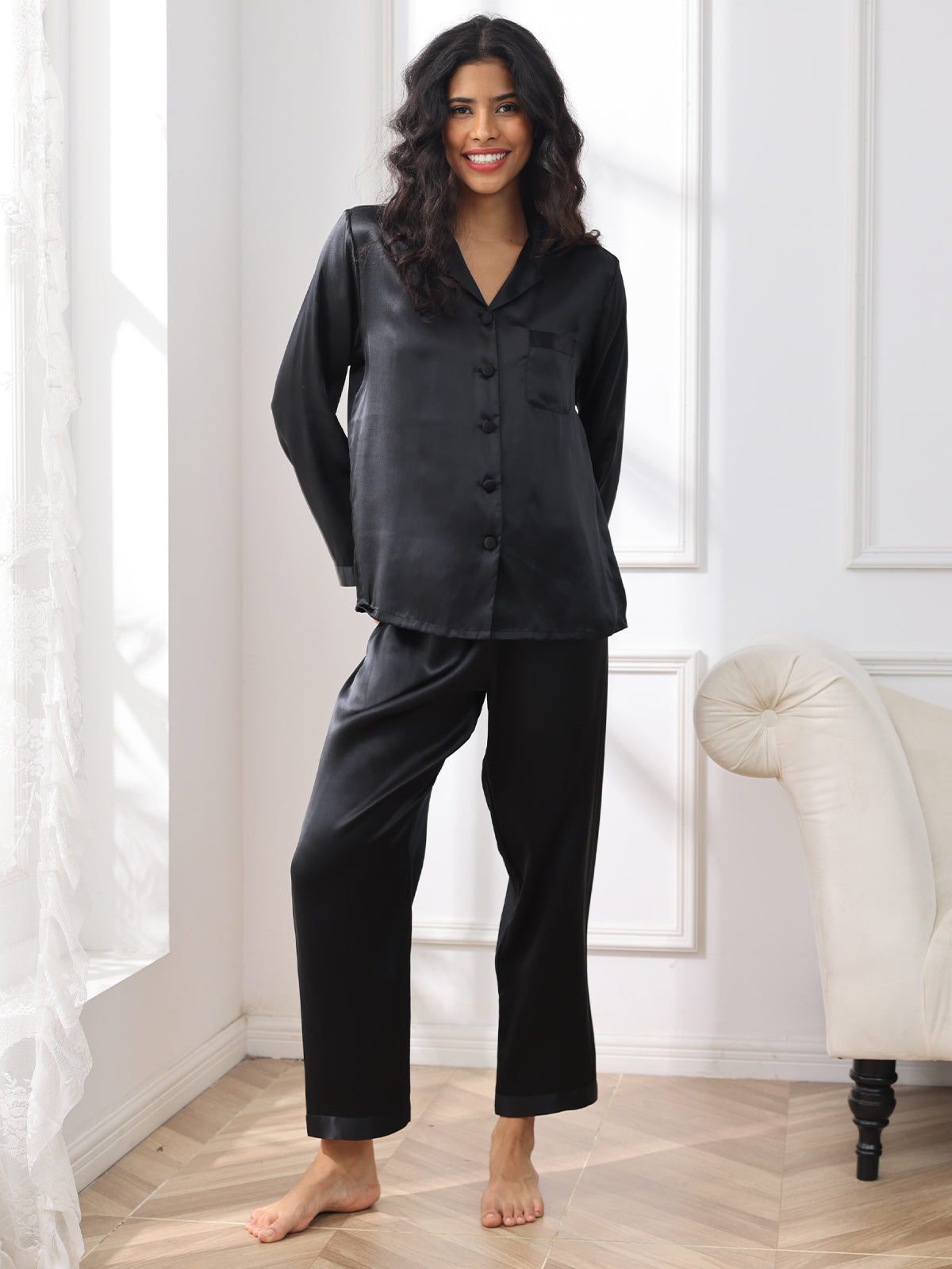Pijama de seda pura con botones para mujer