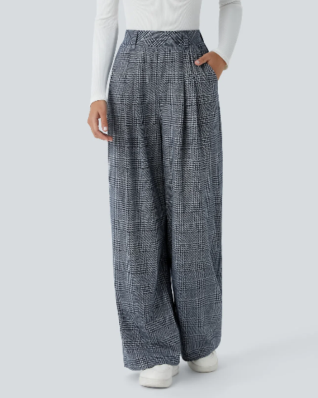 Laura-Pantalón casual de pierna ancha, tiro alto y bolsillos con estampado de cuadros.