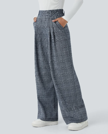 Laura-Pantalón casual de pierna ancha, tiro alto y bolsillos con estampado de cuadros.