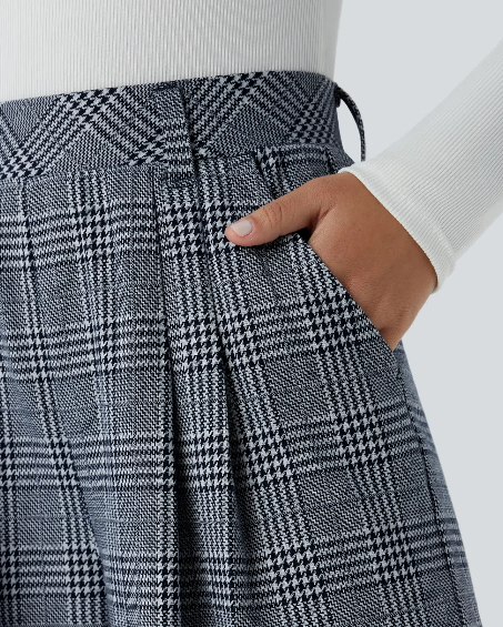 Laura-Pantalón casual de pierna ancha, tiro alto y bolsillos con estampado de cuadros.