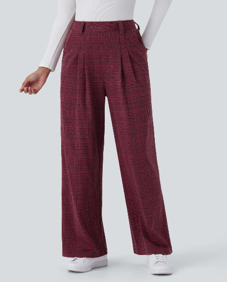 Laura-Pantalón casual de pierna ancha, tiro alto y bolsillos con estampado de cuadros.