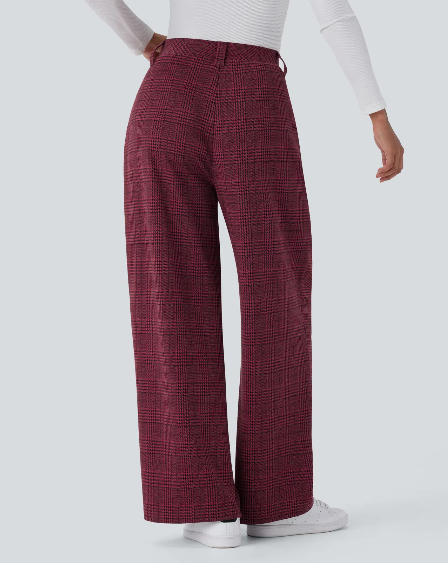 Laura-Pantalón casual de pierna ancha, tiro alto y bolsillos con estampado de cuadros.