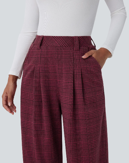 Laura-Pantalón casual de pierna ancha, tiro alto y bolsillos con estampado de cuadros.