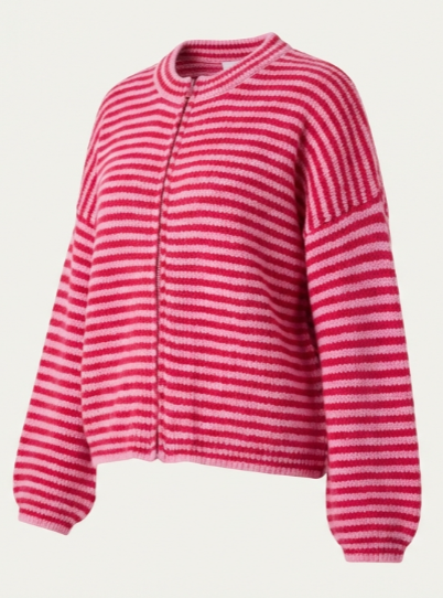 Ángela-Cárdigan de punto a rayas con cremallera color cherry