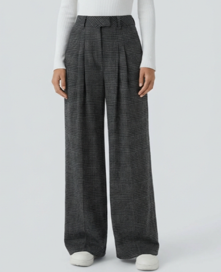 Laura-Pantalón casual de pierna ancha, tiro alto y bolsillos con estampado de cuadros.