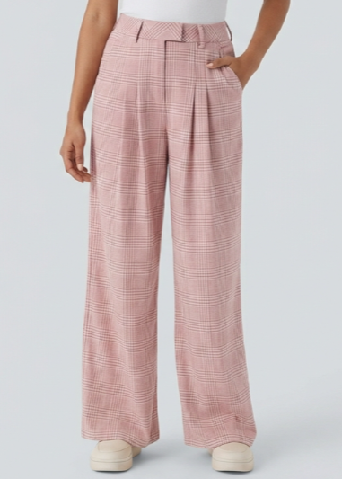 Laura-Pantalón casual de pierna ancha, tiro alto y bolsillos con estampado de cuadros.