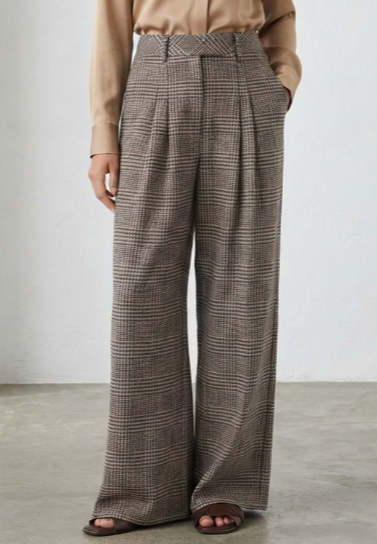 Laura-Pantalón casual de pierna ancha, tiro alto y bolsillos con estampado de cuadros.