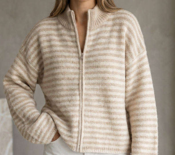 Valeria-Cárdigan de punto a rayas con cremallera color canela