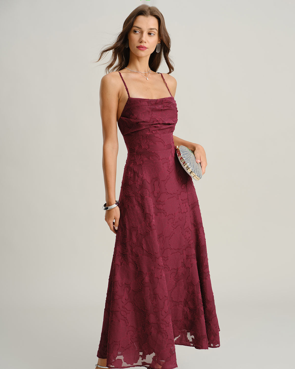 Vestido Maxi Slip Jacquard Rojo Vino con Espalda Cruzada en X