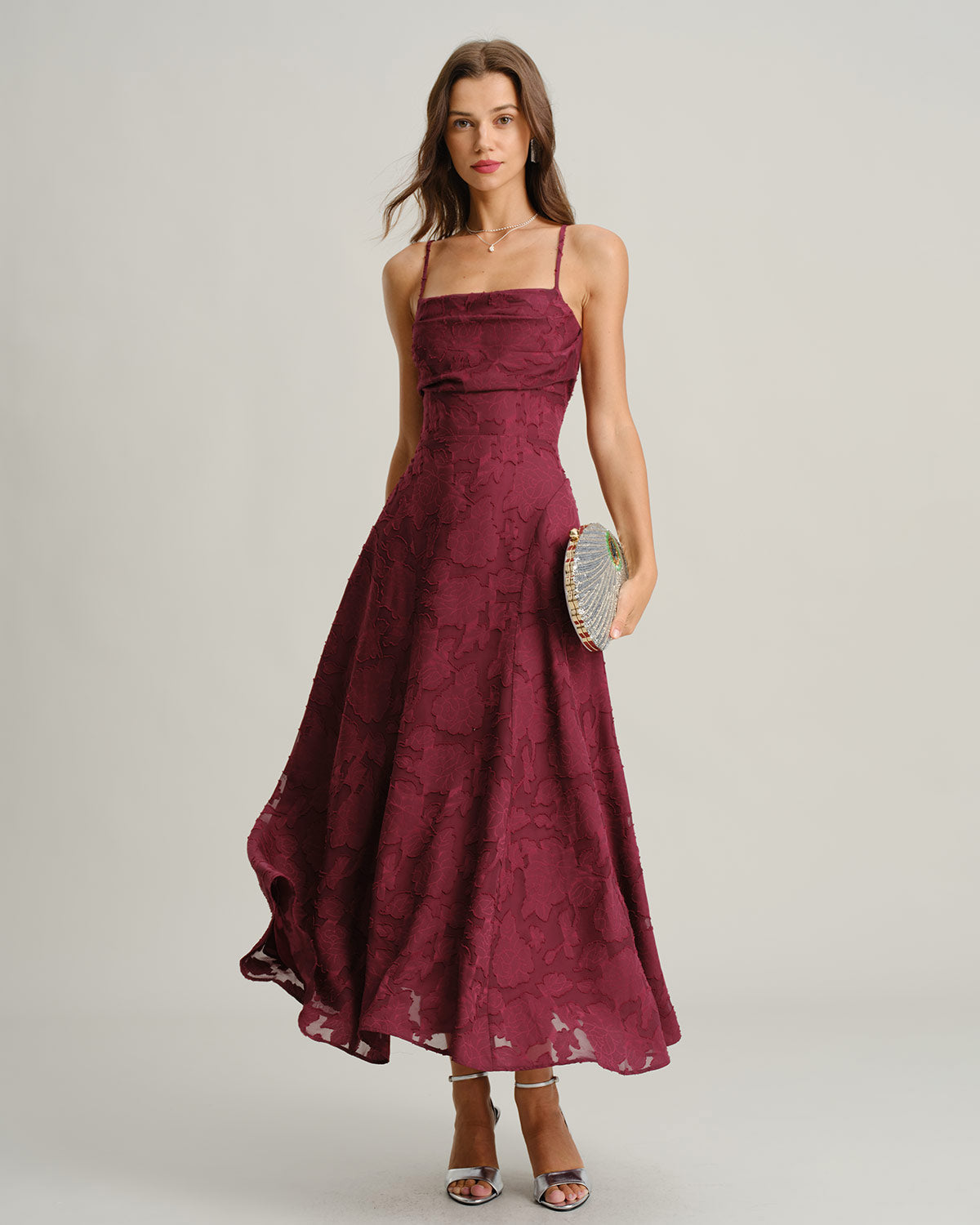 Vestido Maxi Slip Jacquard Rojo Vino con Espalda Cruzada en X